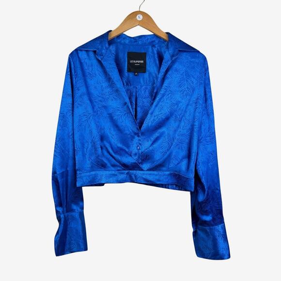 Le Superbe Womens Blue Feather Pattern Long Sleeve Button Up Cropped Top - Picture 11 of 12